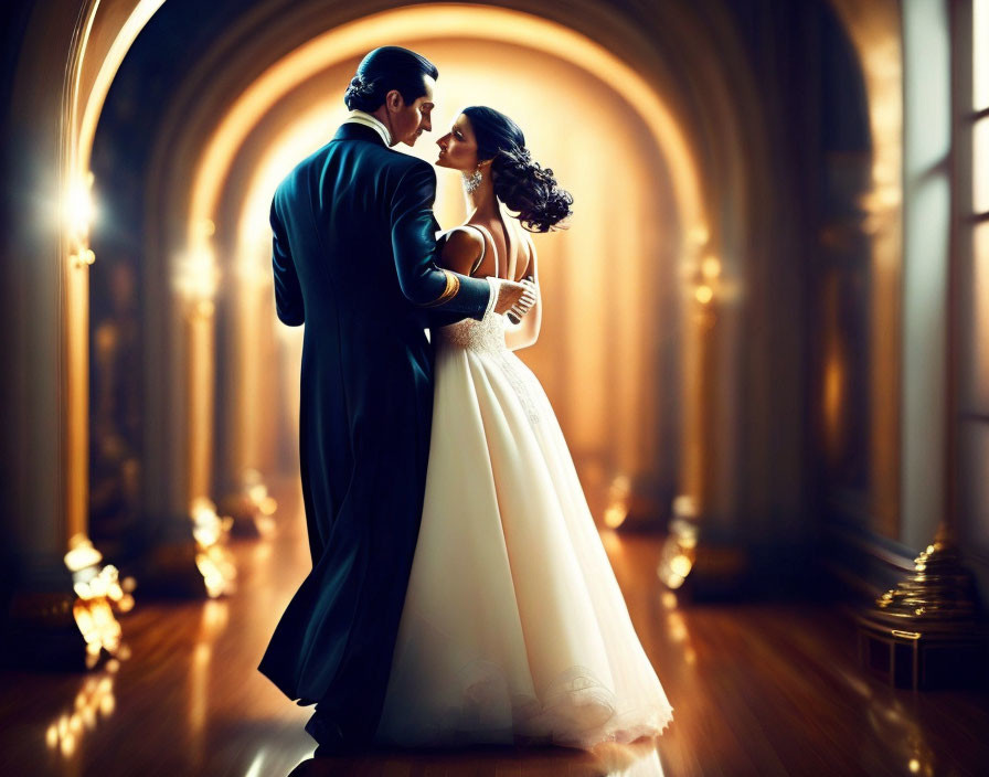 Wedding couple sharing intimate moment in grand, warmly lit hallway