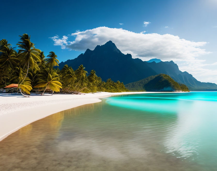 Scenic Tropical Beach with Palm Trees and Mountain