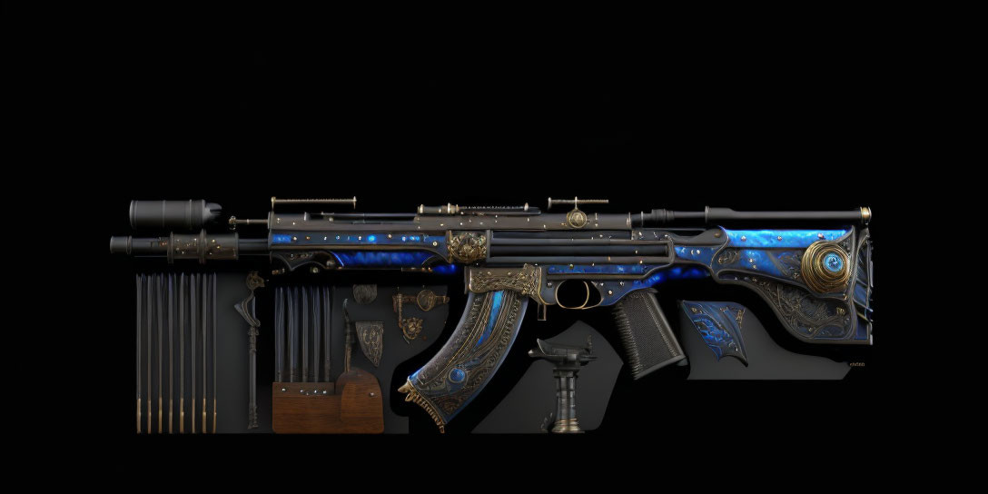 Intricate Blue and Gold Decorative Rifle with Scope and Accessories