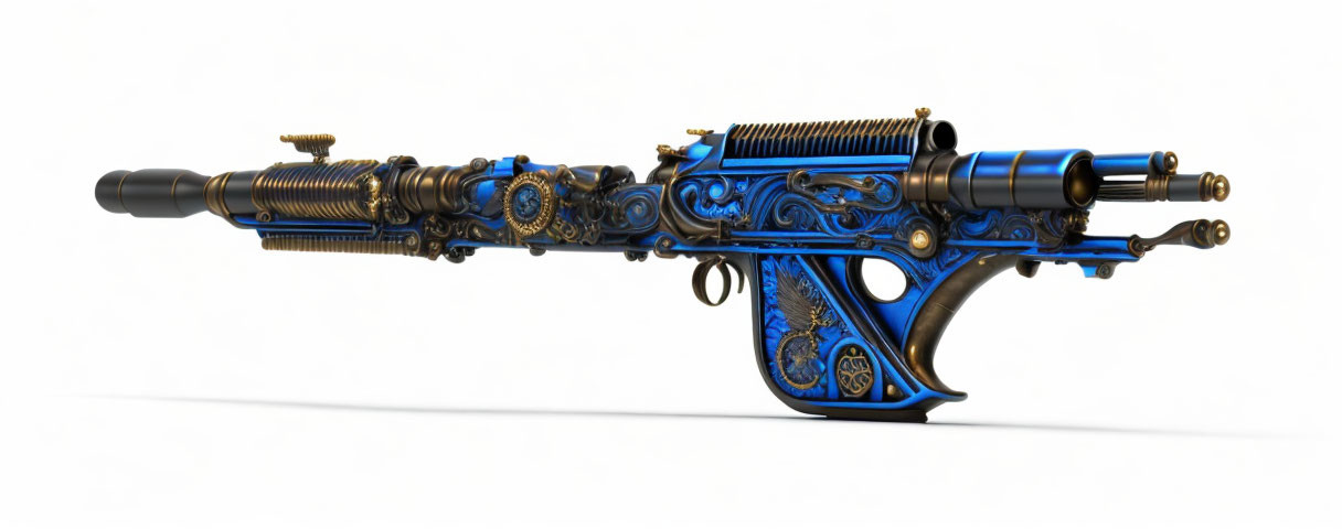 Intricate Steampunk Rifle with Gold and Blue Patterns