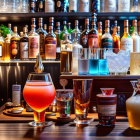 Bartender with cocktails and beer at bar with liquor bottles