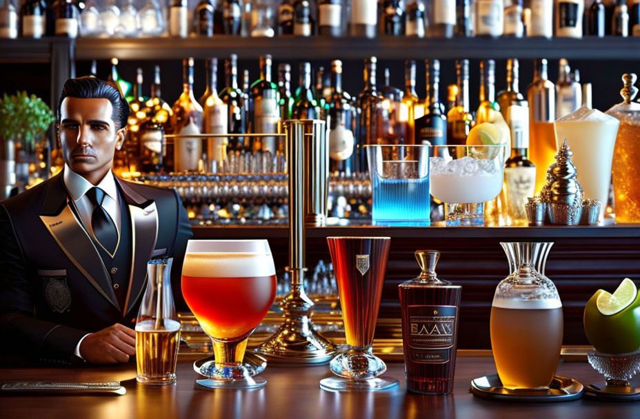 Bartender with cocktails and beer at bar with liquor bottles