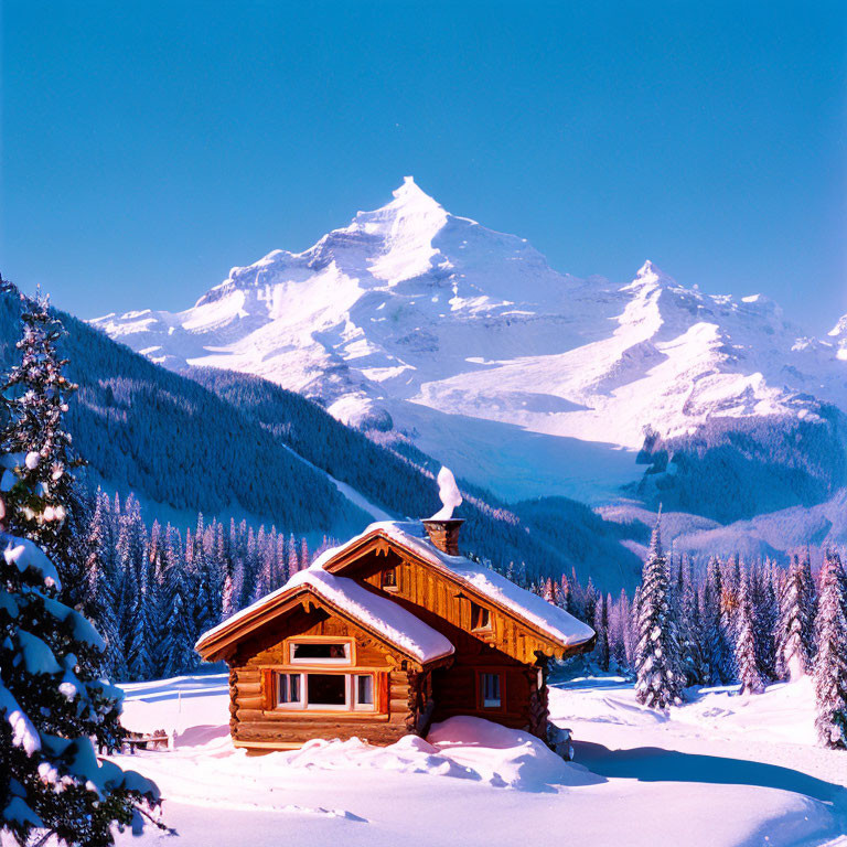 Snowy landscape with chalet, evergreen trees, and mountain