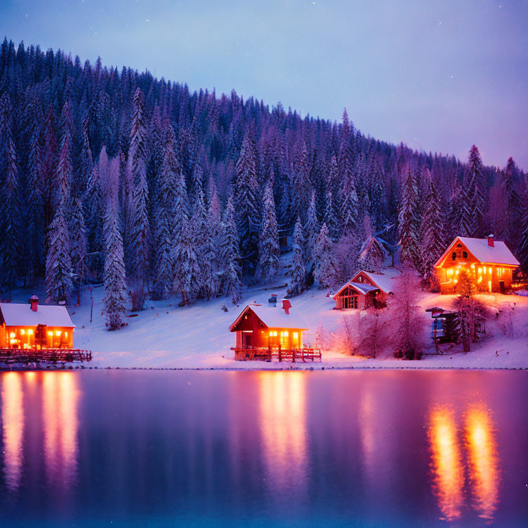 Winter scene: Snow-covered pine trees, cozy cabins, lake reflections at twilight