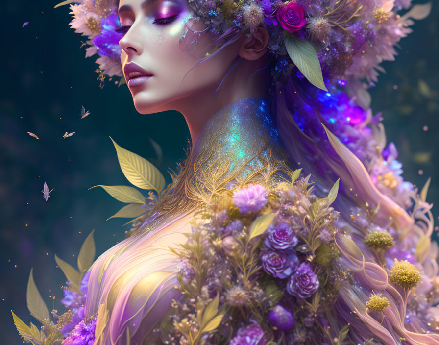 Fantastical woman with vibrant flowers and butterflies in mystical setting