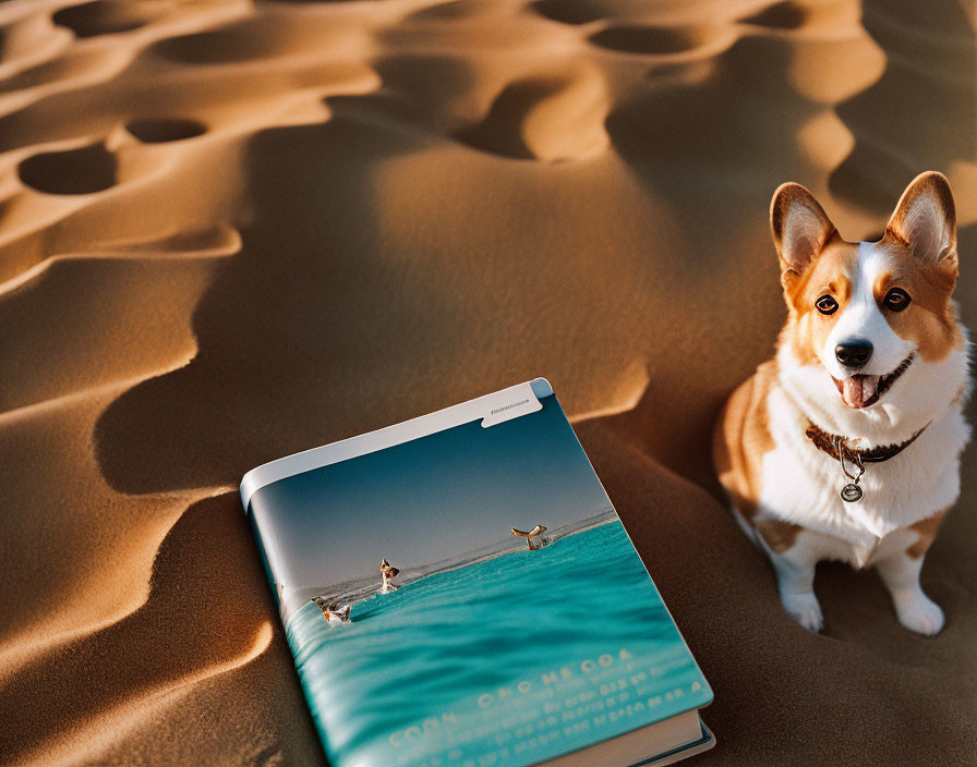 Corgi sitting by magazine on sandy dunes at sunset