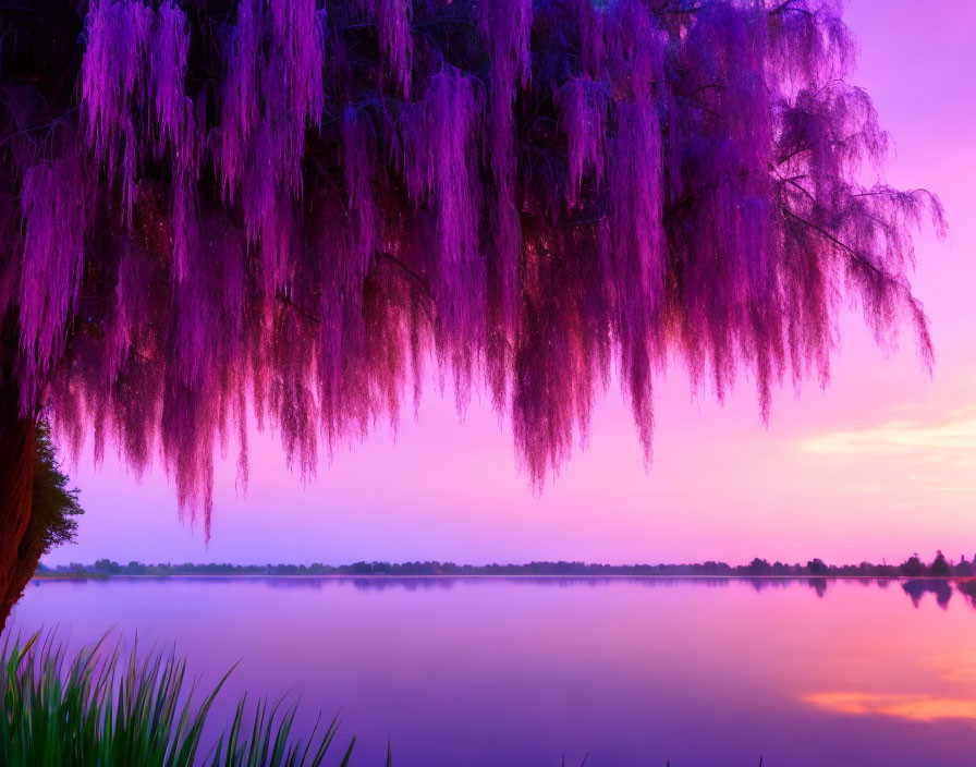 Purple Spanish Moss Hanging Over Serene Lake at Sunset