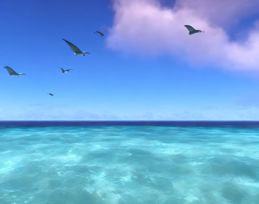 Seagulls Flying Over Turquoise Ocean and Blue Sky