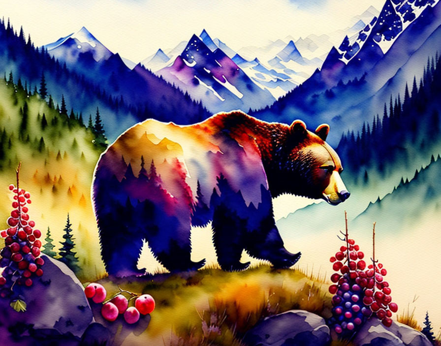 Vibrant watercolor bear silhouette with mountain scene and berry bushes