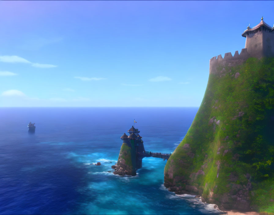 Tranquil sea with ship, lighthouse, and castle wall on lush cliff