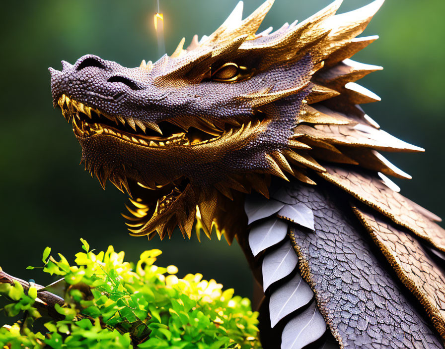 Dragon head with sharp teeth and scales in green foliage