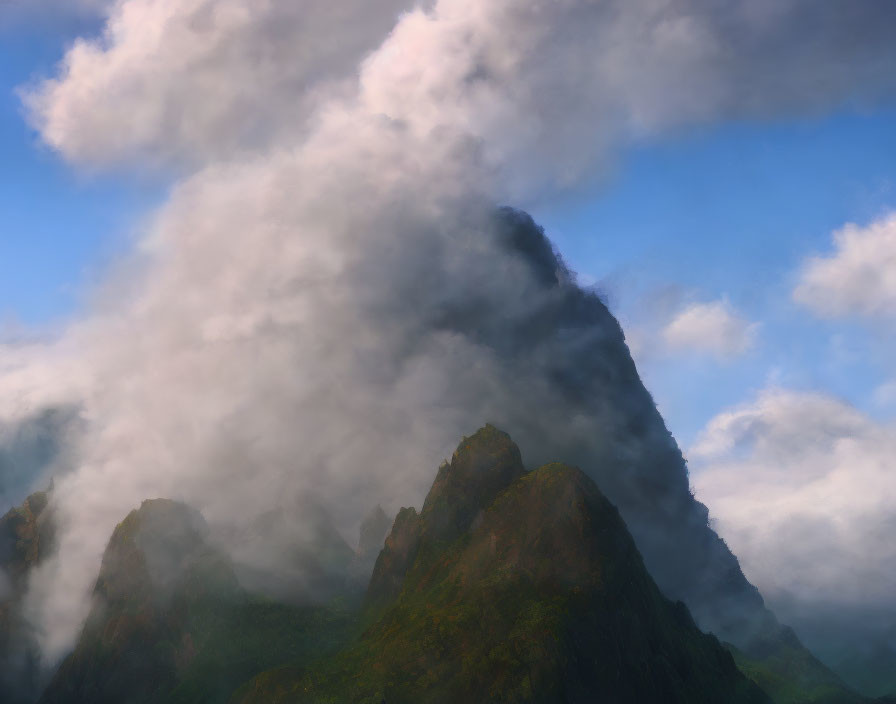 Majestic mountain peak in dramatic clouds under blue sky