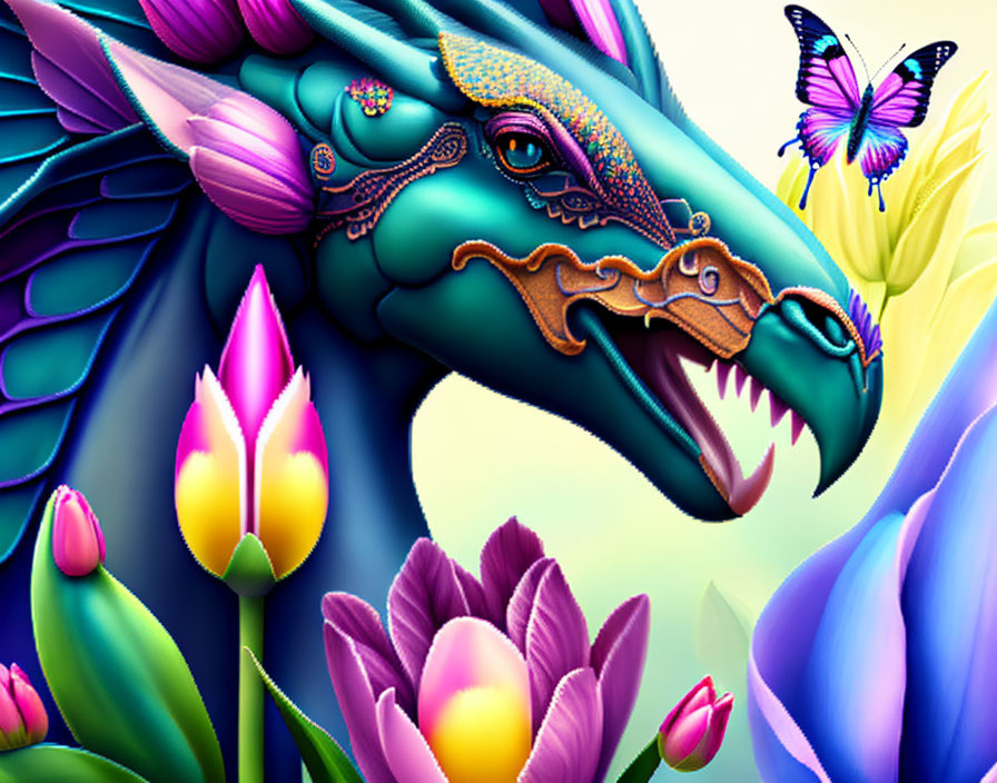 Colorful blue dragon with intricate details amidst tulips and butterfly