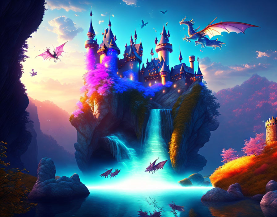 Fantastical castle on waterfall with dragons and twilight sky