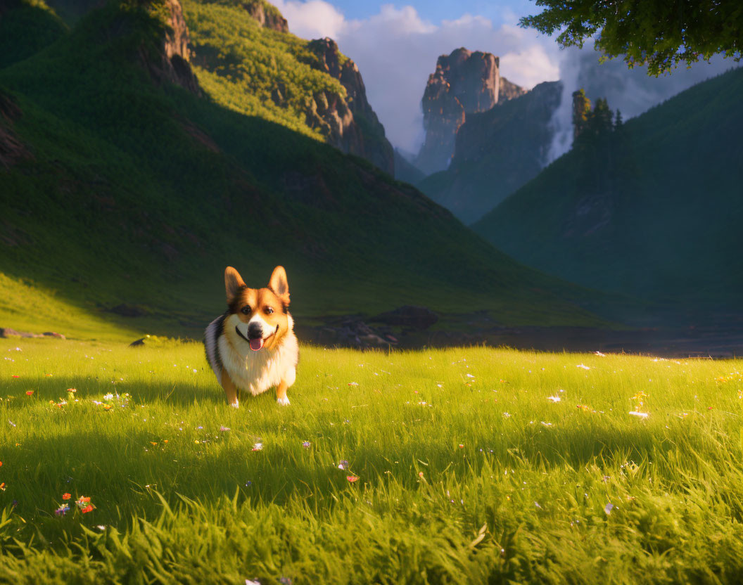 Joyful corgi dog in sunlit meadow with mountains and forest.