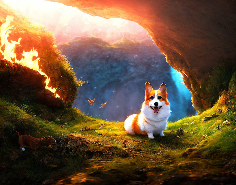 Welsh Corgi in whimsical cave with fire, squirrel, and butterflies