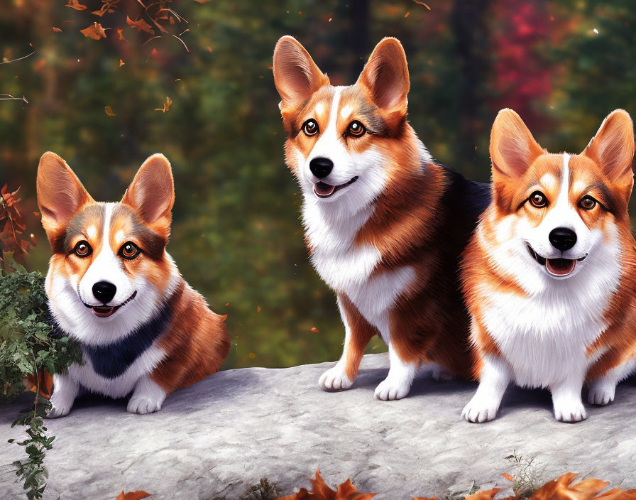 Three Corgi Dogs Sitting on Rock Amid Autumn Leaves