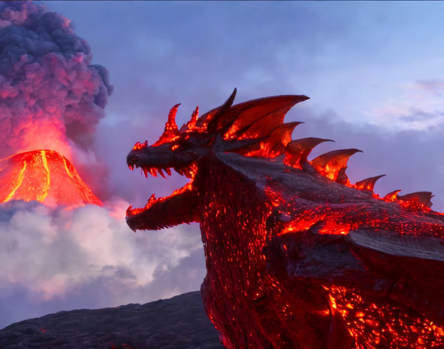 Fiery red dragon roaring by erupting volcano