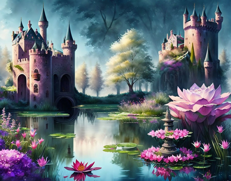 Castle with turrets in lush forest by tranquil pond