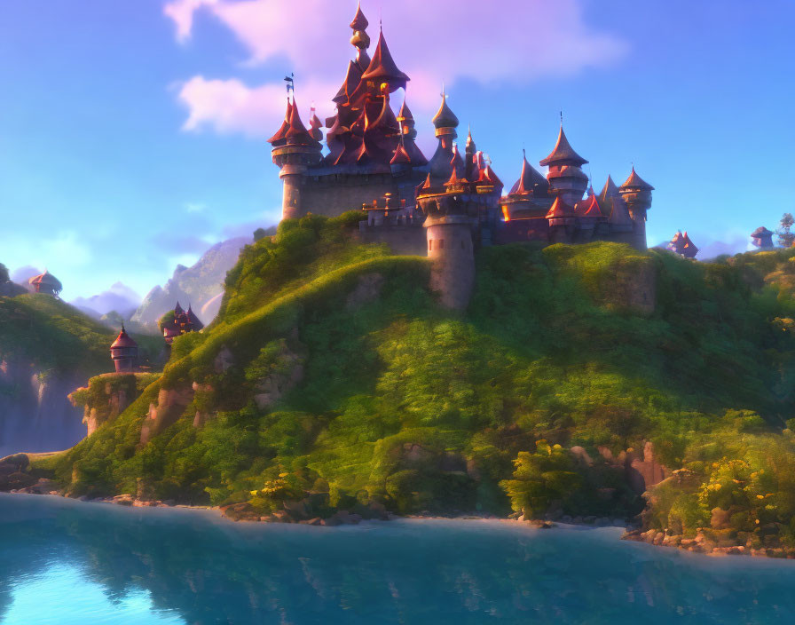 Animated castle with multiple spires on lush green hill overlooking blue bay