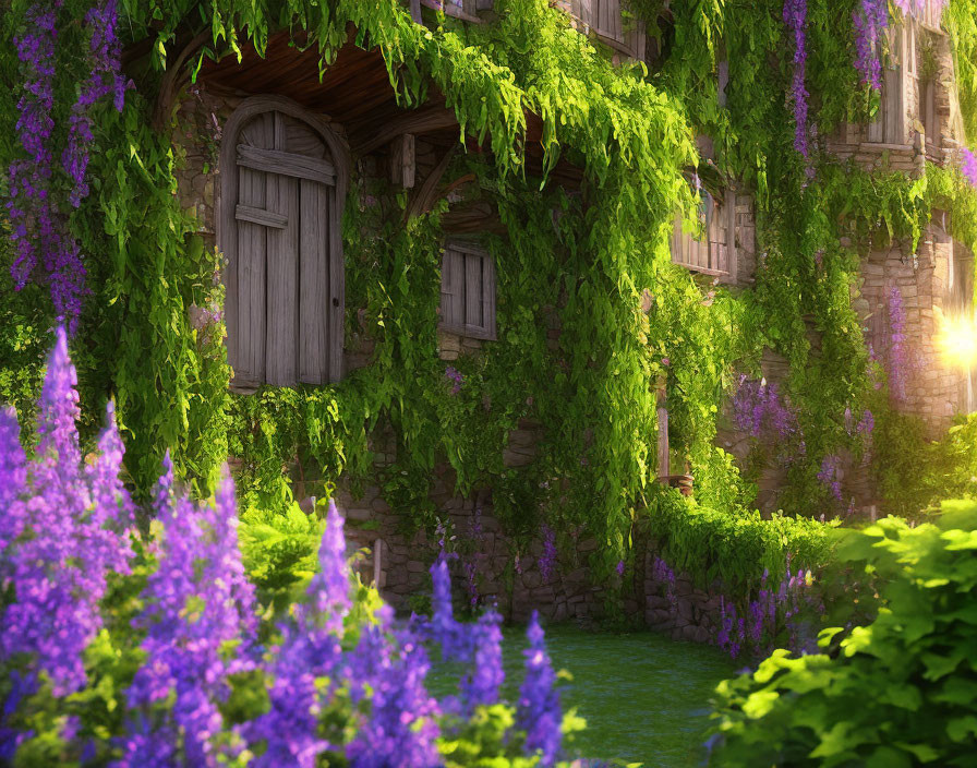 Rustic stone house with ivy, wooden door, purple flowers, sunlight