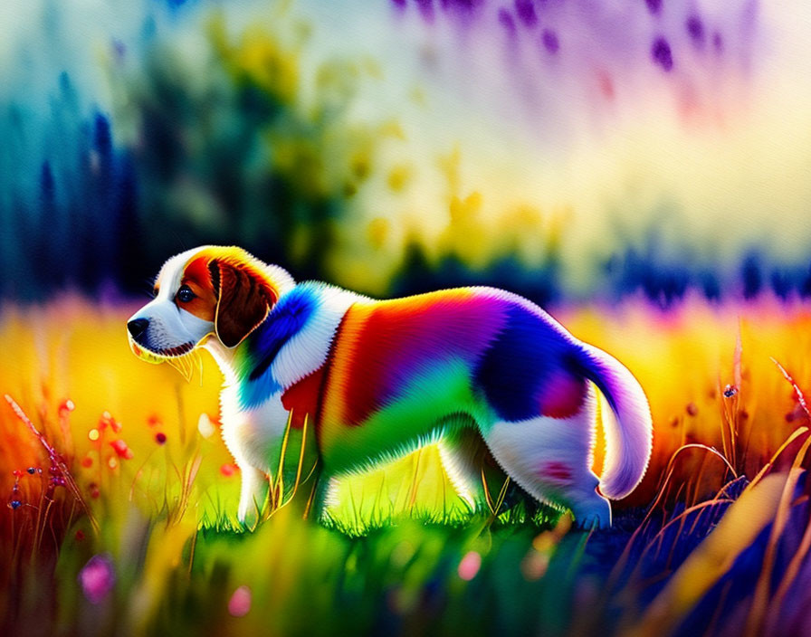 Vibrant Beagle Dog Illustration in Rainbow Coat Standing in Meadow