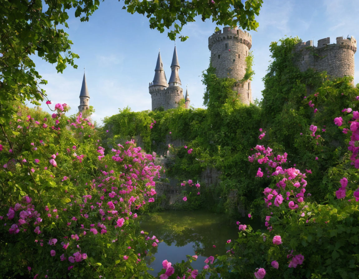 Enchanting fairy-tale castle in lush greenery and blooming flowers