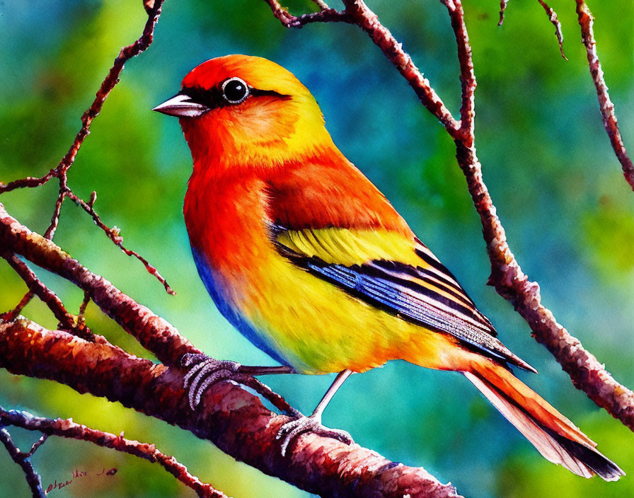 Colorful Red-Headed Bird on Brown Tree Branch