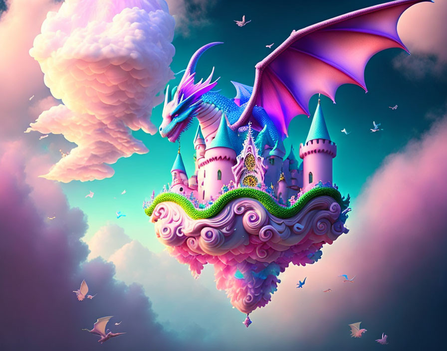 Purple dragon flying over whimsical floating island with castle in pink sky