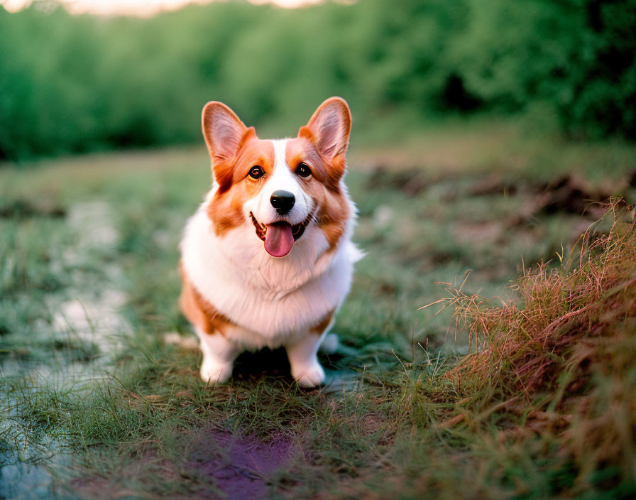 Smiling Pembroke Welsh Corgi on grass at sunset