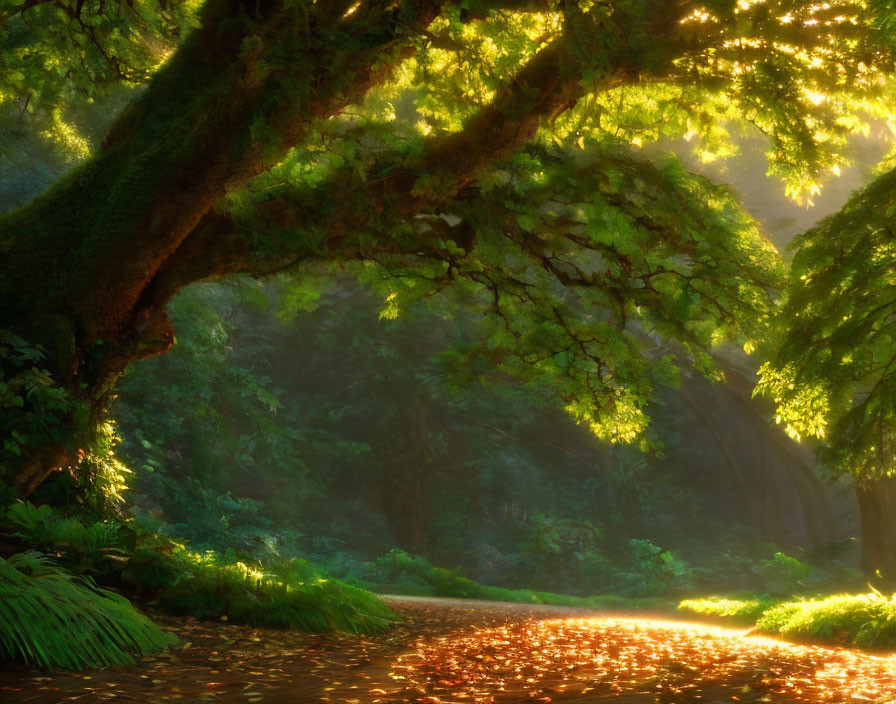 Lush Forest Canopy Sunlight on River and Fallen Leaves