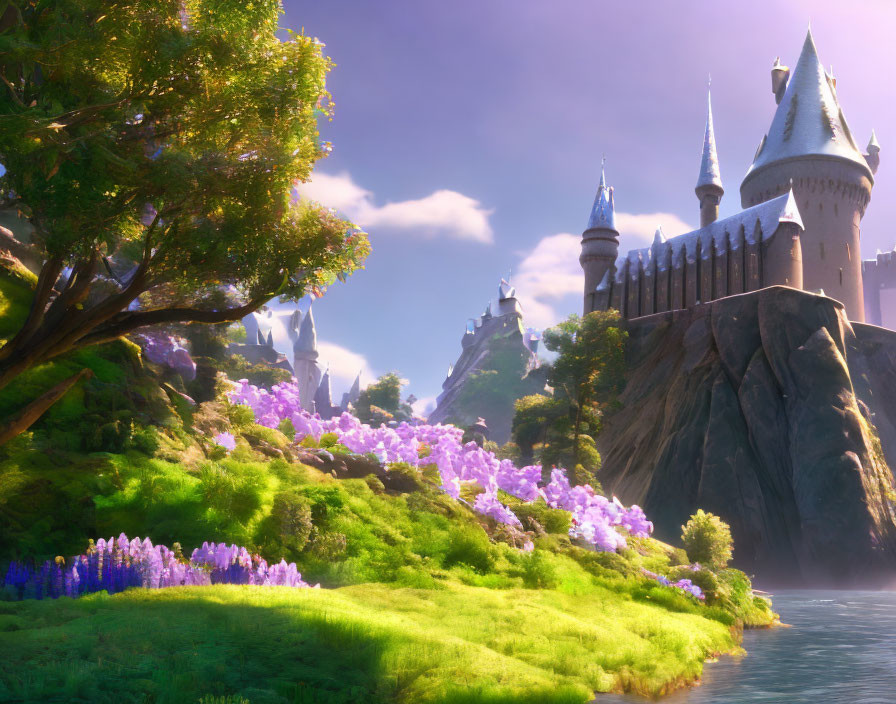 Majestic castle in vibrant fantasy landscape