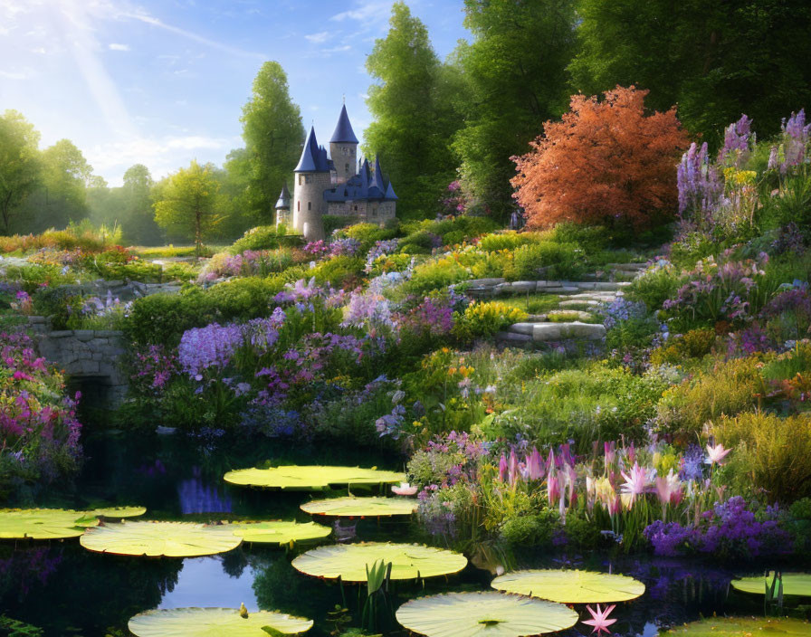 Tranquil garden with vibrant flowers, pond with water lilies, and enchanting castle.