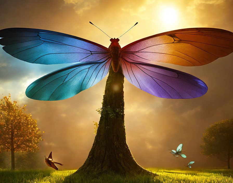 Colorful Giant Butterfly Perched on Tree Trunk in Surreal Landscape