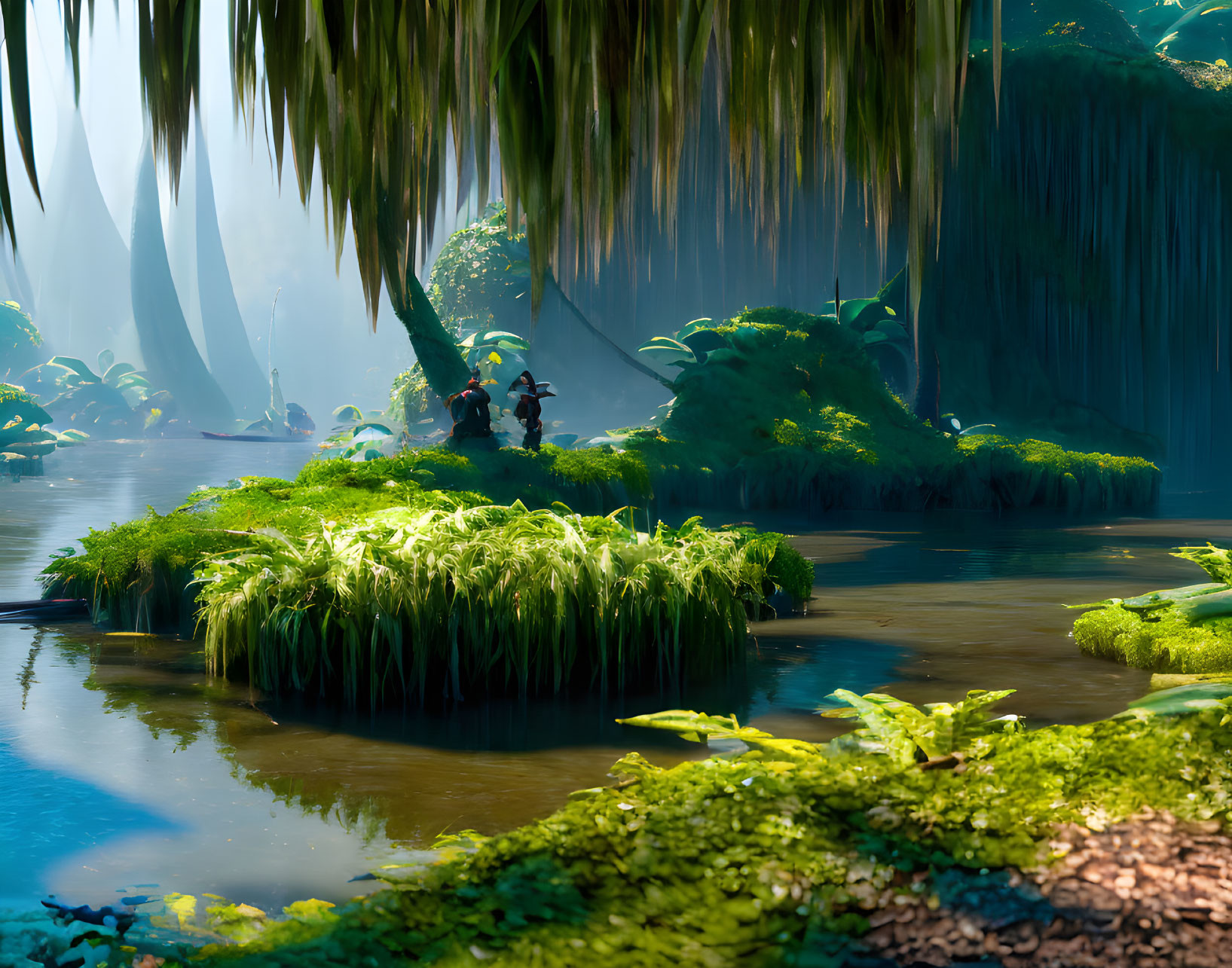 Mystical swamp with lush greenery and shadowy figure