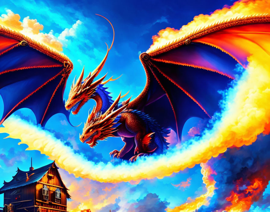 Majestic dragon with golden-orange wings in vibrant digital artwork