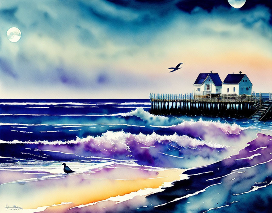 Vibrant seaside painting with pier, houses, bird, and moonlit waves