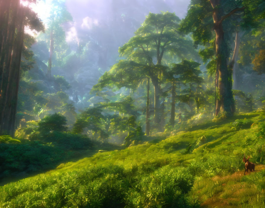 Tranquil forest scene with tall trees, greenery, sunlight, and grazing deer