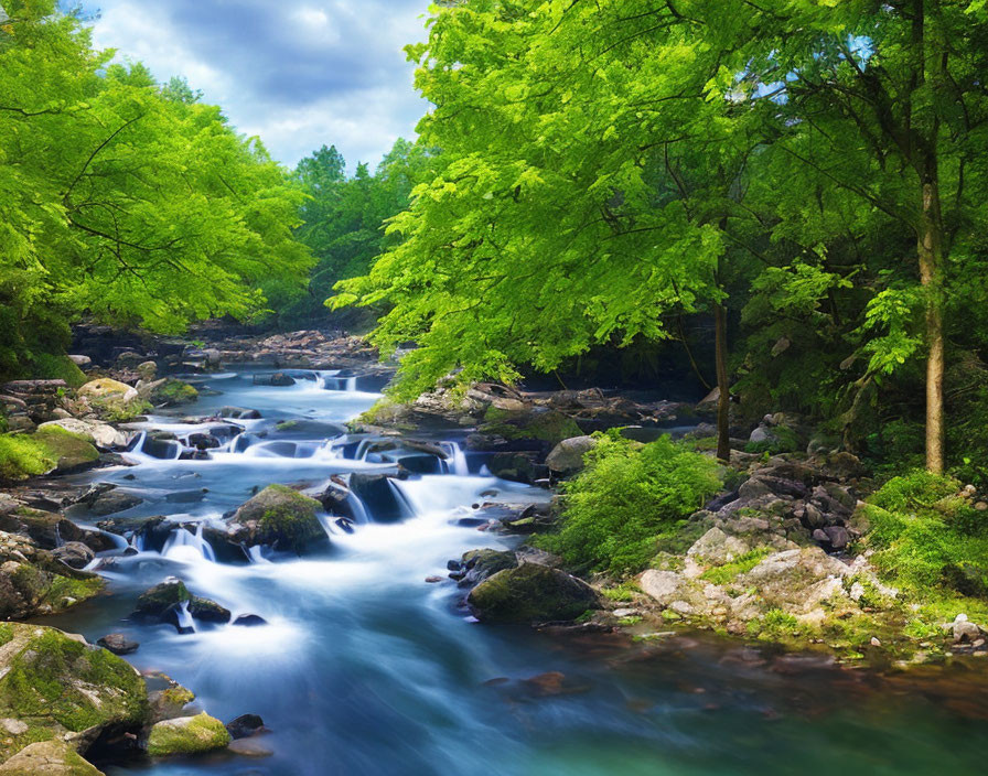 Tranquil stream with cascading water over rocks in lush green setting