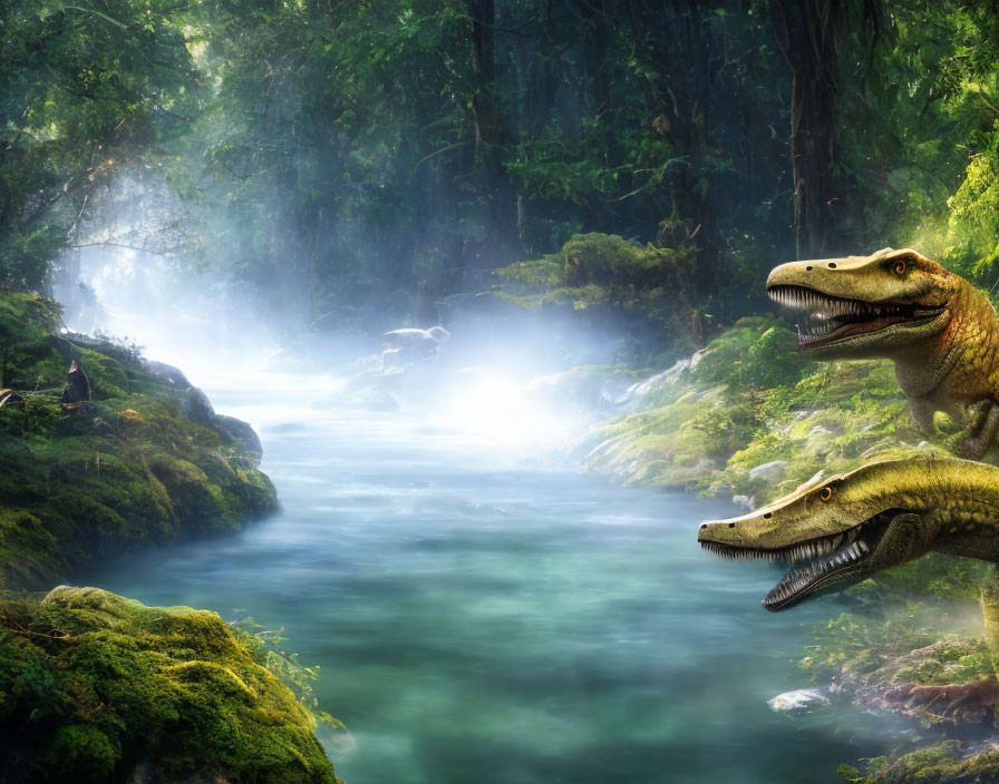 Misty forest scene with serene river and dinosaurs