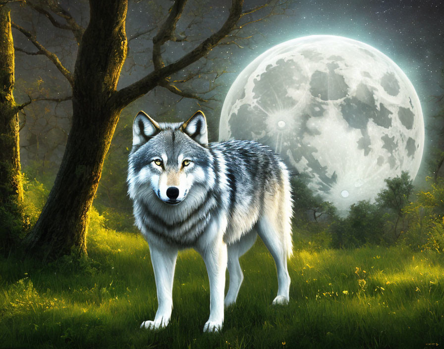 Wolf in moonlit forest clearing with full moon.