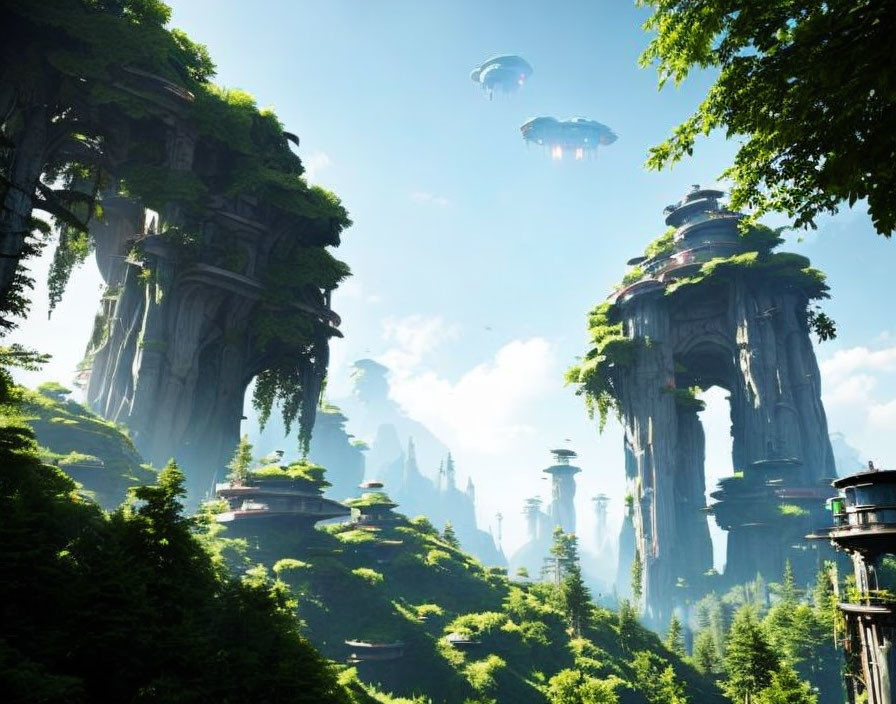 Ancient Trees and Futuristic Structures in Lush Green Forest