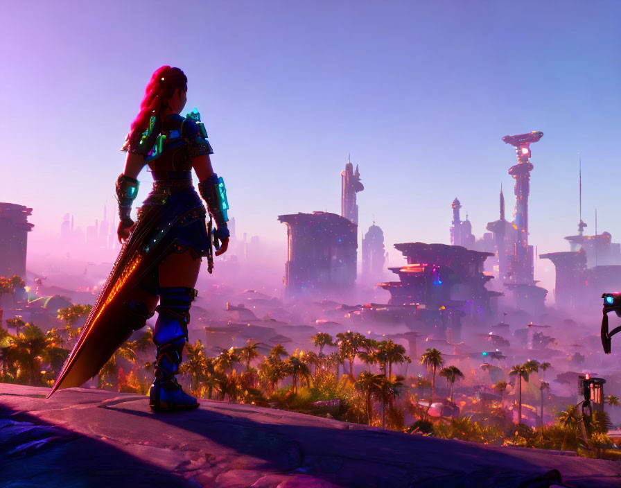 Red-Haired Warrior in Futuristic Armor Gazes at Colorful Cityscape