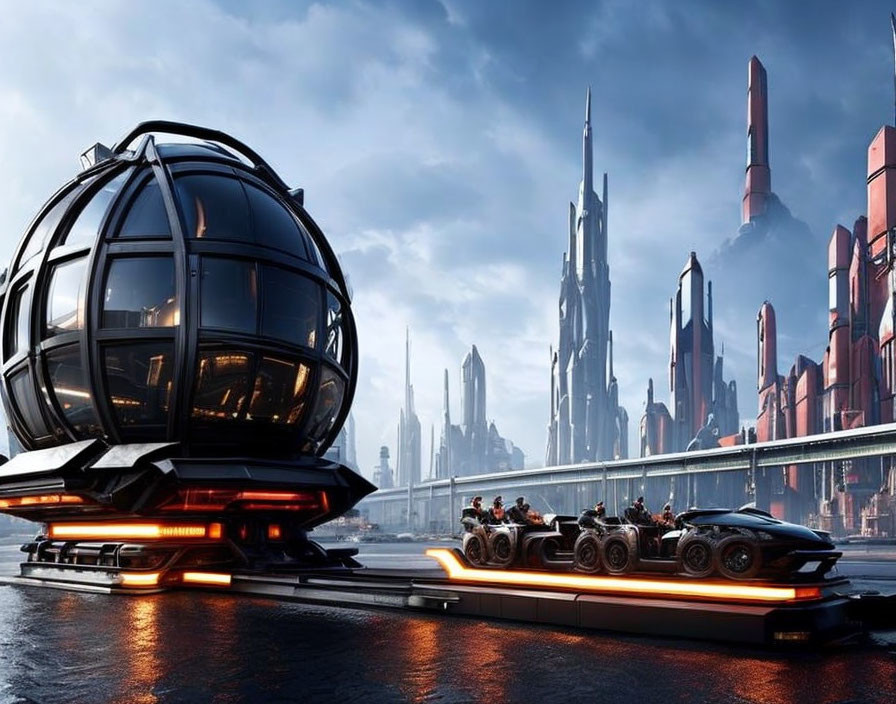 Futuristic cityscape with sleek trains and spherical structure amidst skyscrapers