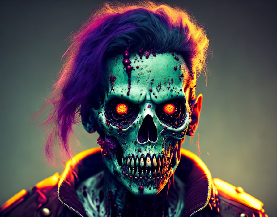 Person with skull makeup and glowing eyes in punk attire against moody backdrop