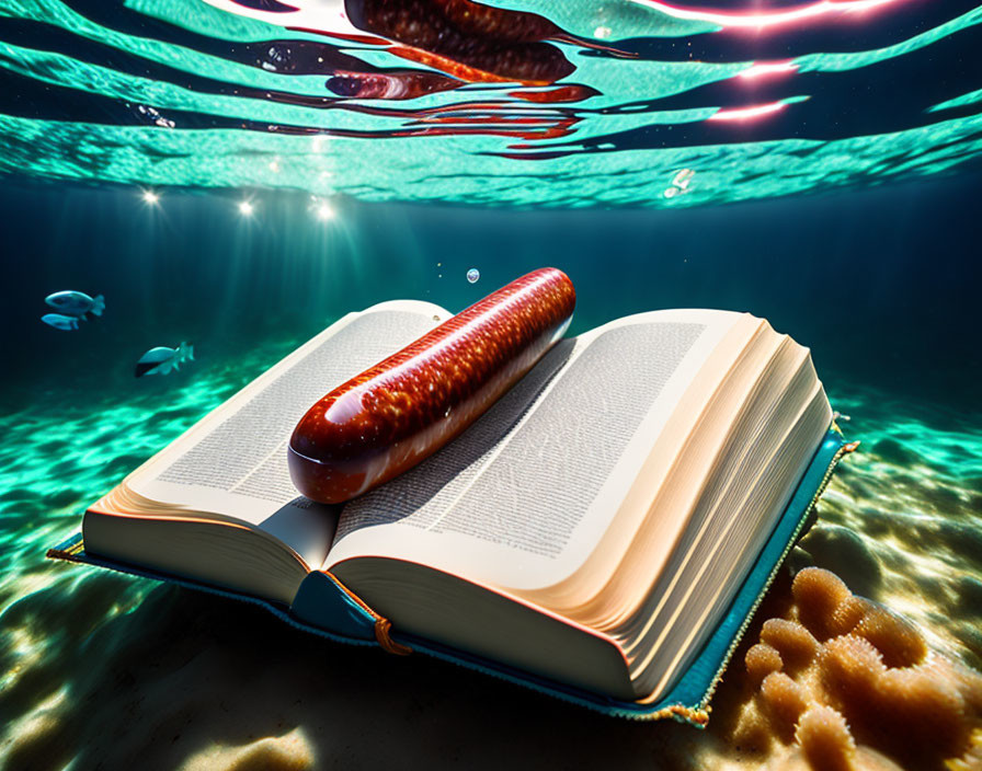 Underwater scene with open book, hotdog, fish, coral, and sunlight