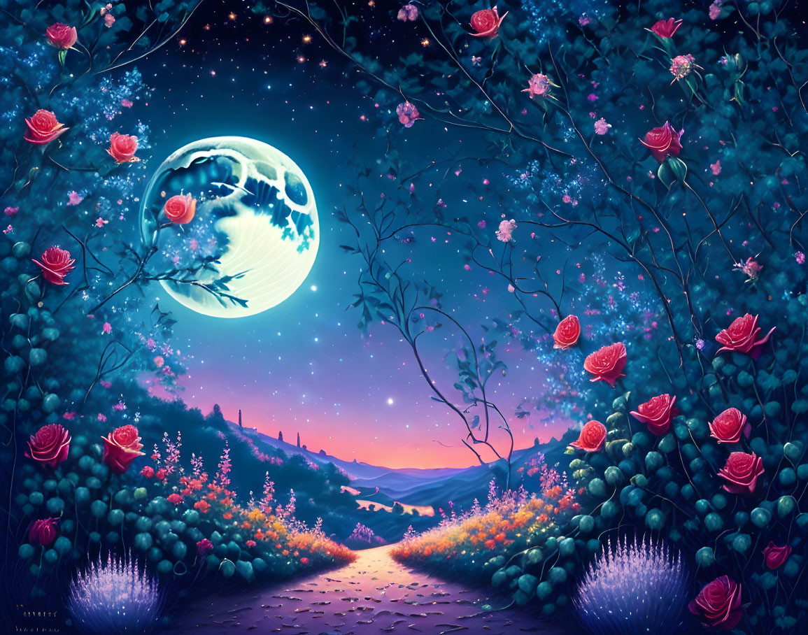 Fantastical nighttime scene with large moon and starry sky.
