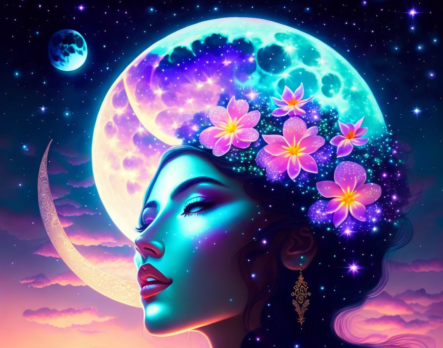 Digital Artwork: Woman with Flowered Hair in Cosmic Background