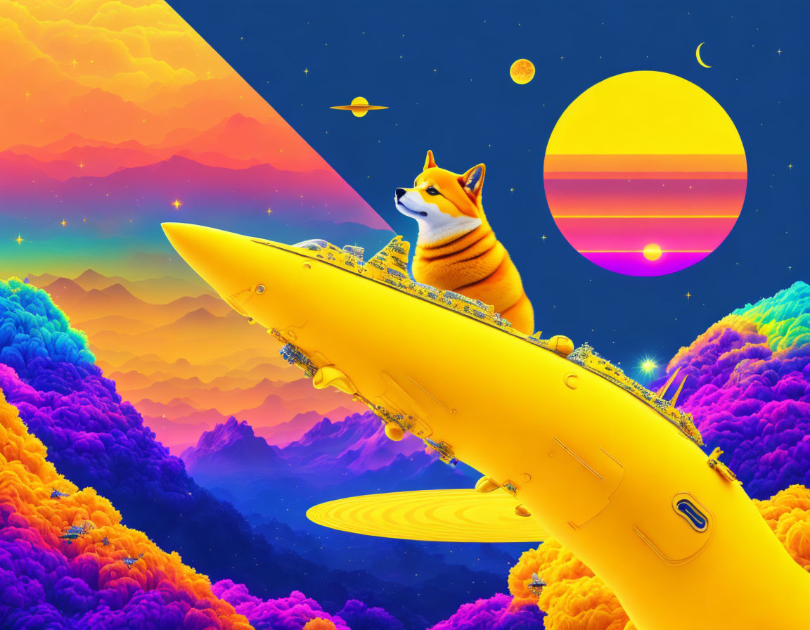 Colorful digital artwork: Shiba Inu surfing in surreal space