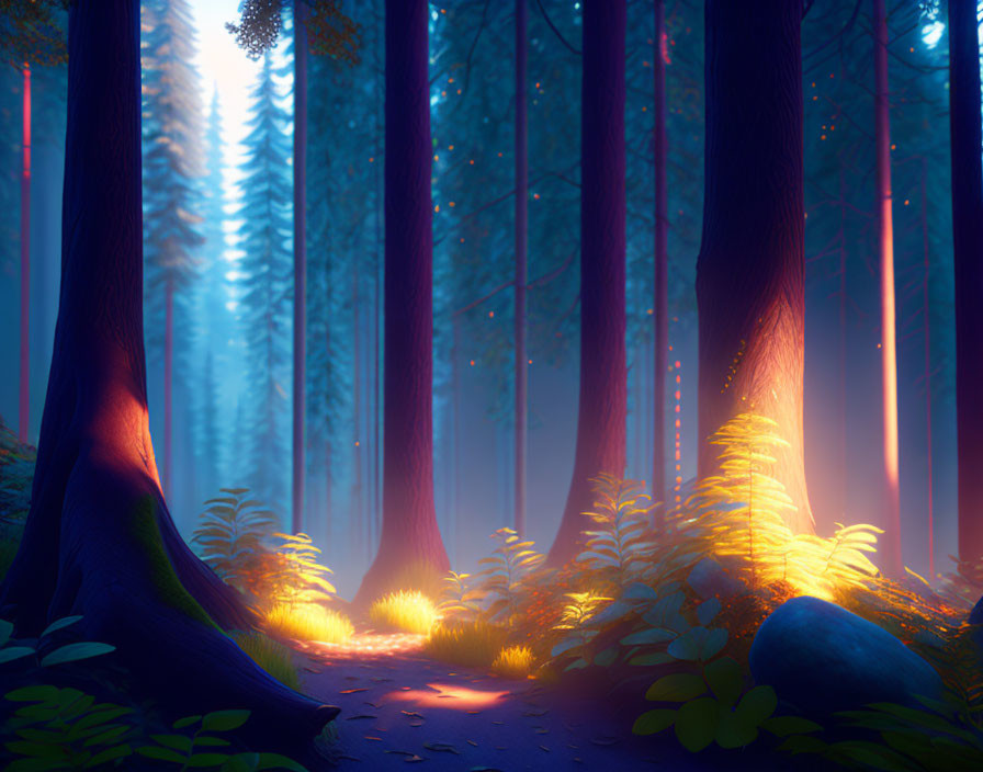 Vibrant blue and orange mystical forest with glowing orbs and ethereal light